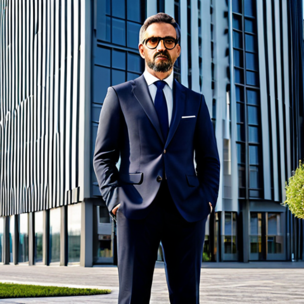 ** A successful Italian architect, fully clothed in stylish professional attire, standing confidently in front of a modern building design in Milan. Perfect anatomy, correct proportions, safe for work, appropriate content, professional.

**