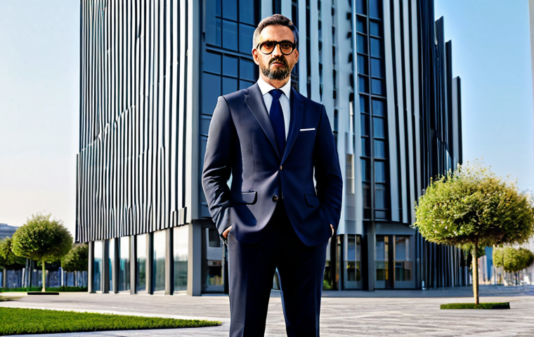 ** A successful Italian architect, fully clothed in stylish professional attire, standing confidently in front of a modern building design in Milan. Perfect anatomy, correct proportions, safe for work, appropriate content, professional.

**
