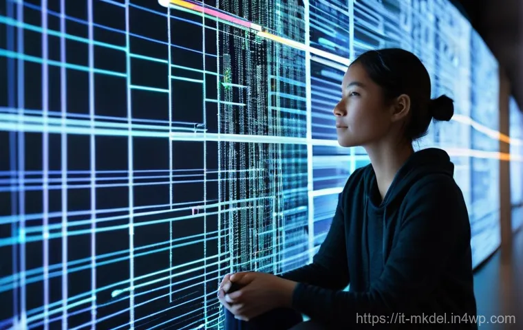 디지털 공유재 관리의 윤리적 문제 - **Prompt 1: Navigating the Digital Data Stream with Awareness**
    A thoughtful young adult, gender...