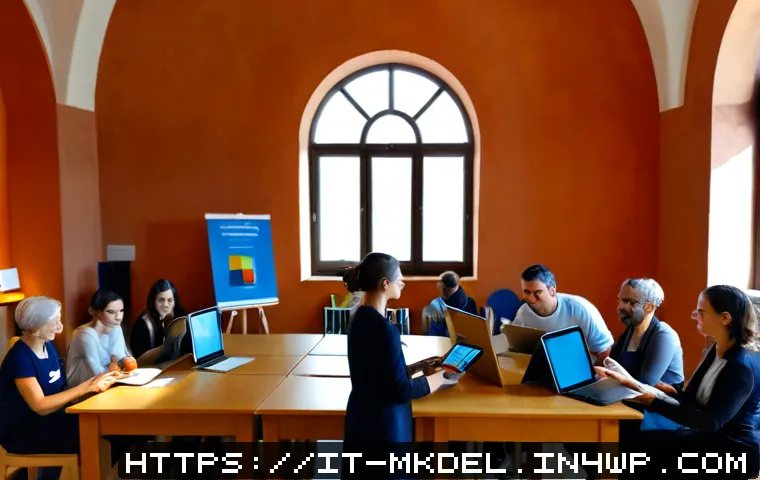 Home 15 디지털 공유재 관리의 접근 방법 - Photorealistic collaborative digital commons management scene in a bright Italian civic library, div...