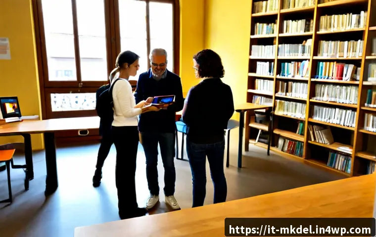 디지털 공유재 관리의 평가 기준 - Photorealistic modern public library in Bologna, Italy, diverse adult community members and a librar...