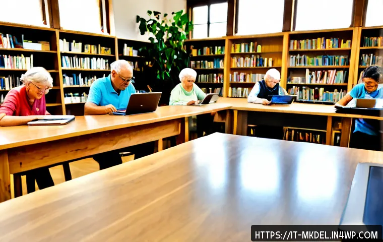 디지털 공유재와 지속 가능한 개발 목표 - Photorealistic bright community library in an Italian town, diverse adults and seniors using shared ...